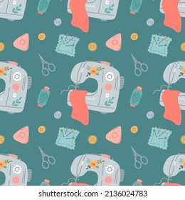 Set of sewing elements for needlework. Vector seamless pattern in flat style