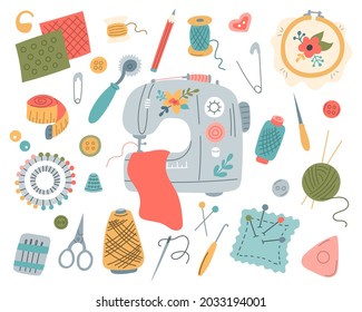 Set for sewing and embroidery. Sewing machine, needlework tools, thread and needles. Vector illustration in a flat style