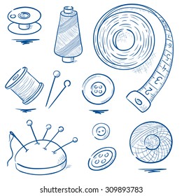 Set of sewing equipment. Hand drawn vector illustration.