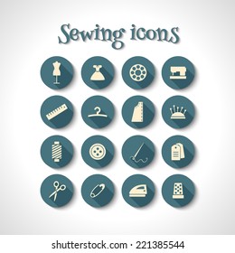 set of sewing flat icons with long shadow