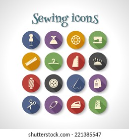 set of sewing flat icons with long shadow