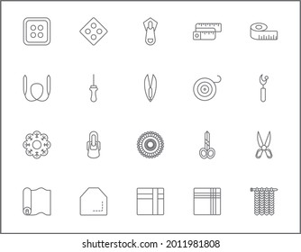 Set of Sewing and Handmade line style. It contains such as tailor, knitting, fabric, leather, acrylic, textile, wool, cotton, pin, button and other elements.