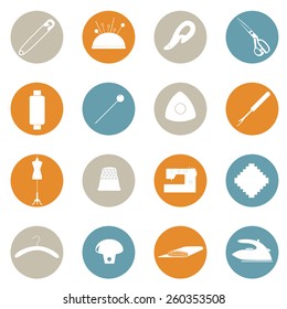 Set of sewing icons in colored circles.