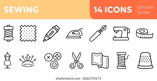 Conjunto de iconos de costura incluyendo aguja, tijera, hilo y más 