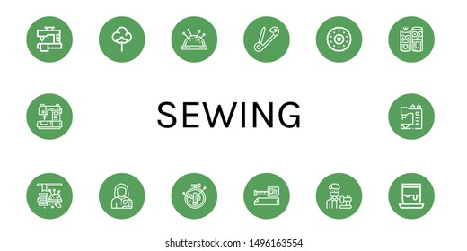 Set of sewing icons such as Sewing machine, Textile, Pin cushion, Safety pin, Embroidery, Model craft, Sewing, Tailor, Measure tape, Handicrafts ,