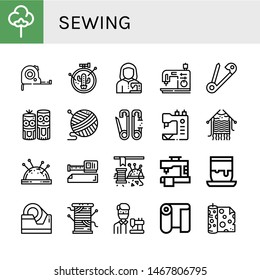 Set of sewing icons such as Textile, Measuring tape, Embroidery, Tailor, Sewing machine, Safety pin, Model craft, Yarn, Knitting, Pin cushion, Measure tape, Sewing, Handicrafts ,