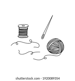 Set of sewing illustrations. Outline illustration composition of needle, thread tips, thread ball, thread spool.