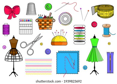 A set of sewing items: a mannequin, scissors, thread, pins, needles, stitches, a zipper, a centimeter ribbon on a white background.