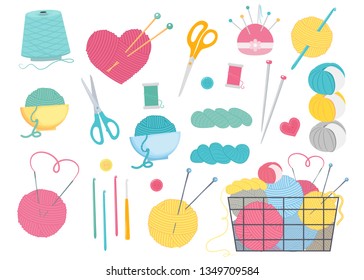 Set for sewing, knitting and needlework.Basket with multi-colored balls of yarn and knitting needles. Vector illustration.Cartoon style