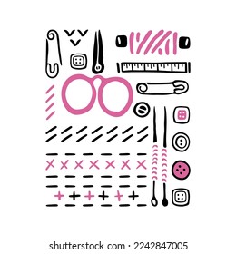 Se ajusta para coser y tejer. Sensores, puntos, botones y bobinas. Doodles blancos y negros. Ilustración vectorial.