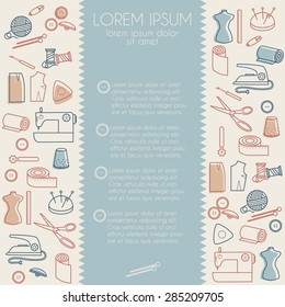 Set of sewing line icons.Template with place for your text on the sewing theme.Vector illustration.