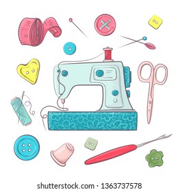 Set the sewing machine sewing accessories. Hand drawing. Vector illustration