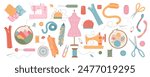 Set of sewing machine, needle, and thread, with fabric pieces. Tailor mannequin, scissors, thimble, and pin cushion. Cute illustration of supplies for tailor, embroidery, handmade sewing, and crafting