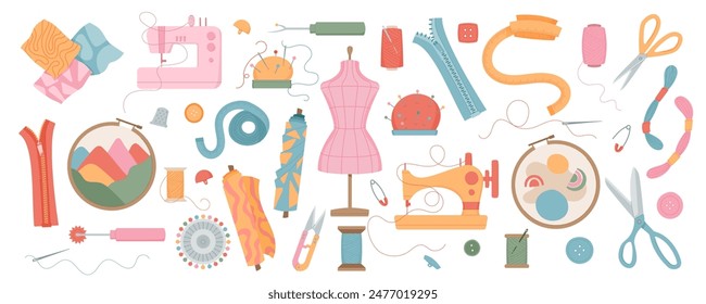 Set of sewing machine, needle, and thread, with fabric pieces. Tailor mannequin, scissors, thimble, and pin cushion. Cute illustration of supplies for tailor, embroidery, handmade sewing, and crafting