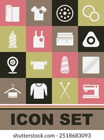 Set Sewing machine, Pattern, chalk, button, Sleeveless T-shirt, thread, Textile fabric roll and Tape measure icon. Vector