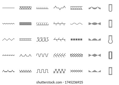 A set of sewing machine stitch icons. Black patterns vector illustration.