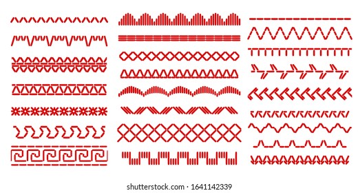 Set of sewing machine stitches. Realistic style with overtone and transparent shadows. 
Different kind of machine sewing samples. 