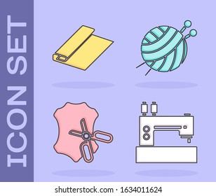 Set Sewing machine, Textile fabric roll, Scissors and leather and Yarn ball with knitting needles icon. Vector