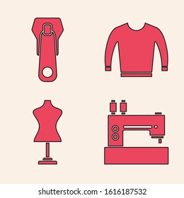 Set Sewing machine, Zipper, Sweater and Mannequin icon. Vector