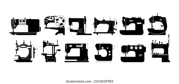 Set Of Sewing Machines Black Icons. Mechanical Devices Used To Stitch Fabrics And Textiles Together With Precision