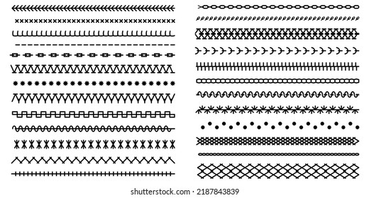 Set of sewing machines for embroidery. Different types of machine black stitch brush pattern for fasteners, dresses garments, bags, clothing and accessories. Embroidery cloth edge texture. Vector