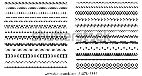 Set of sewing machines for embroidery. Different\
types of machine black stitch brush pattern for fasteners, dresses\
garments, bags, clothing and accessories. Embroidery cloth edge\
texture. Vector