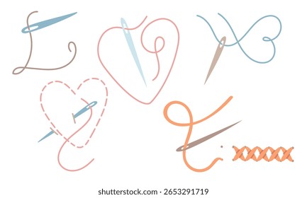 conjunto de agulhas de costura com fios coloridos em diferentes posições. linha de amor. Amor para costurar, bordado, artesanato. ilustração de cor plana. hobby, atividade criativa, profissão, símbolo do amor