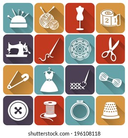 Set of sewing and needlework icons. Collection of flat design elements. Vector illustration.