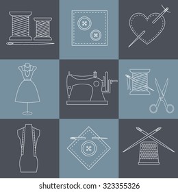  Set of sewing and needlework  icons line style vector. Tailor shop design elements.