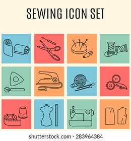 Set of sewing and needlework line icons. Collection of design elements. Vector illustration.
