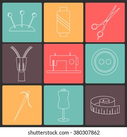 Set of sewing and needlework line icons