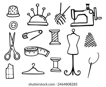 Set of sewing and needlework tools icon black and white vector illustration isolated on white background