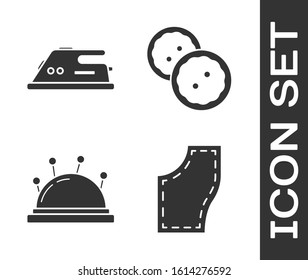 Set Sewing Pattern, Electric iron, Needle bed and needles and Sewing button for clothes icon. Vector