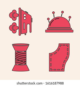 Set Sewing Pattern, Electric iron, Needle bed and needles and Sewing thread on spool icon. Vector