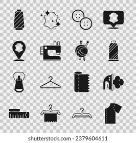 Set Sewing pattern, Electric iron, thread spool, button, machine, Leather,  and Yarn ball with knitting needles icon. Vector