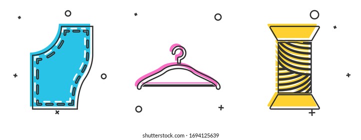 Set Sewing Pattern, Hanger wardrobe and Sewing thread on spool icon. Vector