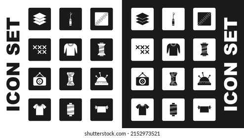 Set Sewing Pattern, Sweater, Adjustable embroidery hoop, Layers clothing textile, thread, Awl tool, Needle bed and needles and Tailor shop icon. Vector