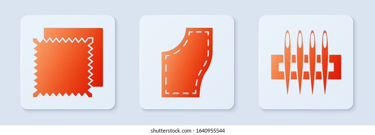 Set Sewing Pattern, Textile fabric roll and Needle for sewing. White square button. Vector