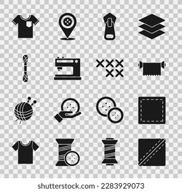 Set Sewing Pattern, Textile fabric roll, Zipper, machine, Yarn, T-shirt and Adjustable embroidery hoop icon. Vector