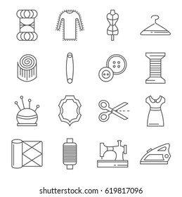 Set of sewing Related Vector Line Icons. Includes such Icons as thread, needle, scissors, pattern, stitching, iron, sewing machine, shirt, buttons, hanger, mannequin, fabric, pin