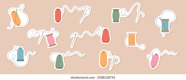 A set of sewing stickers depicting thread, spool and needle icons in various colors. The illustrations include tailors tools like thread, needles, and bobbins in cute, cartoon designs.