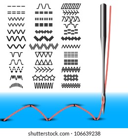 Set of sewing stitches. Needle sewing machine with thread. Vector illustration.