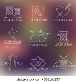 Set of sewing, tailoring or dressmaking icons on blurred background,  line style vector. Tailor shop design elements .
