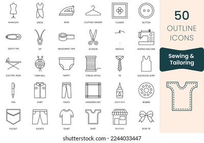 Set of sewing and tailoring icons. Thin outline icons pack. Vector illustration