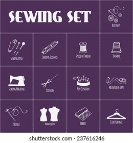 Set of sewing and tailoring icons. Vector illustration. Hand drawn buttons, pins, scissors, spool of thread, thimble, sewing machine, coat hanger. Useful for advertising, scrapbooking, design.