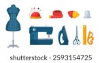 Set of sewing and tailoring tools including dress form mannequin, sewing machine, iron, scissors, measuring tape, chalk, thimble, ruler, pin cushion. Flat vector illustrations for fashion industry.