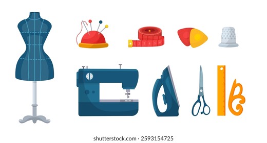 Set of sewing and tailoring tools including dress form mannequin, sewing machine, iron, scissors, measuring tape, chalk, thimble, ruler, pin cushion. Flat vector illustrations for fashion industry.