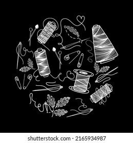 Set of sewing thread, hand-drawn doodles in sketch style. Elements in a circle on a black background. Cross-winding of thread. Needle and pins. Needle and pins. Sewing. Thread. Vector simple.