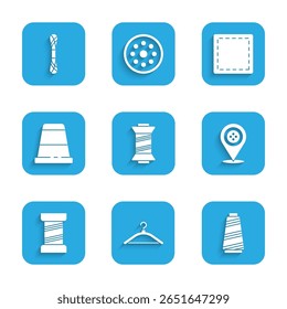 Set Sewing thread, Hanger wardrobe, Location tailor shop, Thimble for sewing, Pattern and Yarn icon. Vector
