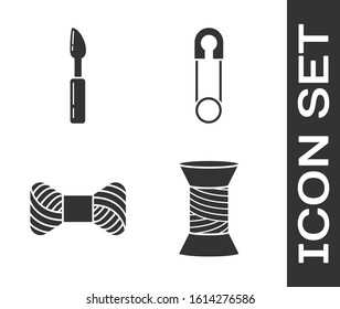 Set Sewing thread on spool, Cutter tool, Sewing thread on spool and Classic closed steel safety pin icon. Vector